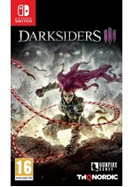 Darksiders III for Nintendo Switch features a vibrant cover with a fierce female warrior wielding a whip, set against a dark, stormy background.