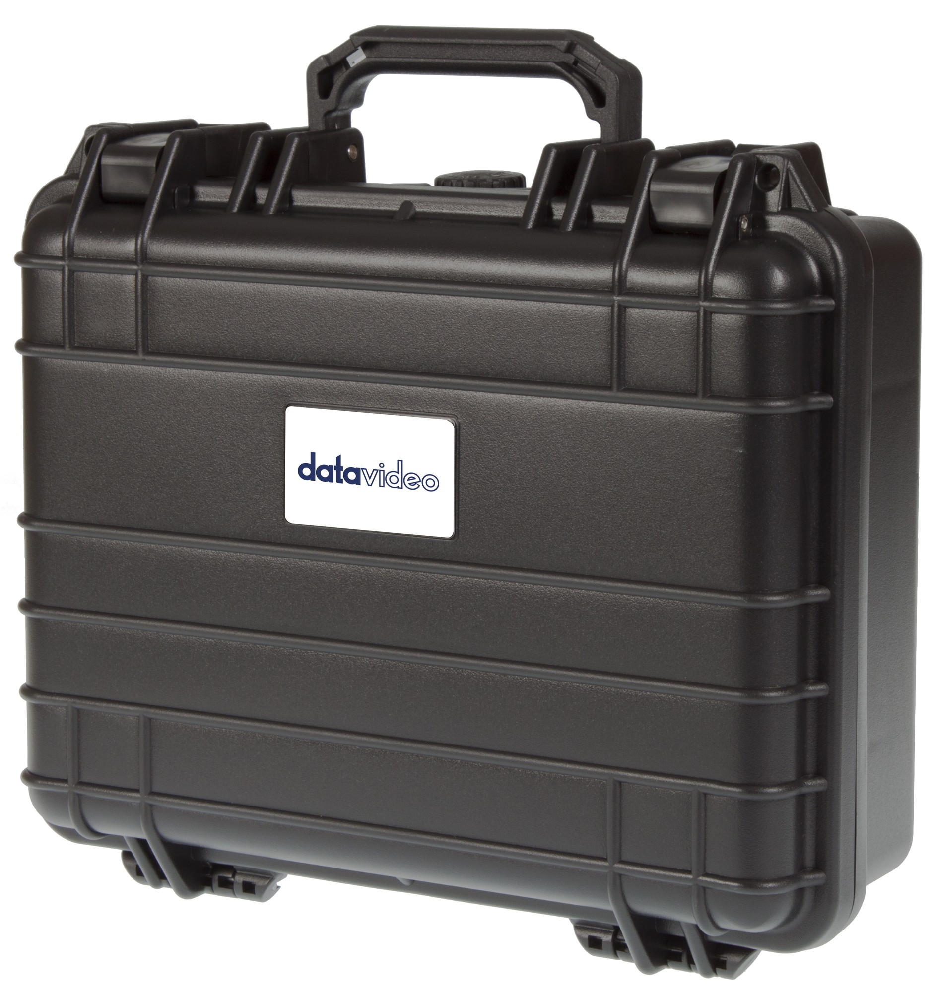 Black hard-shell equipment case with a sturdy handle, featuring a textured surface, secure latches, and a prominent DataVideo logo on the front.