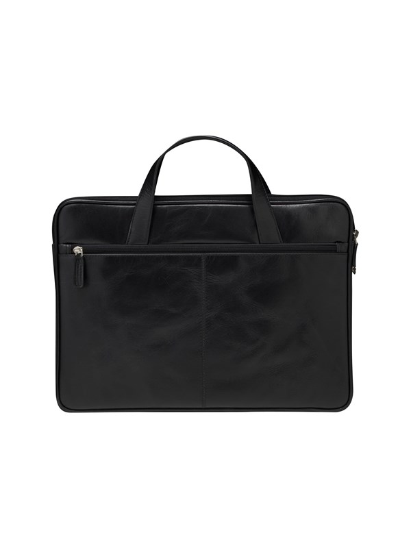 Sleek black leather laptop bag with two structured handles, designed for 15-inch laptops, featuring a smooth finish and a zippered front pocket.