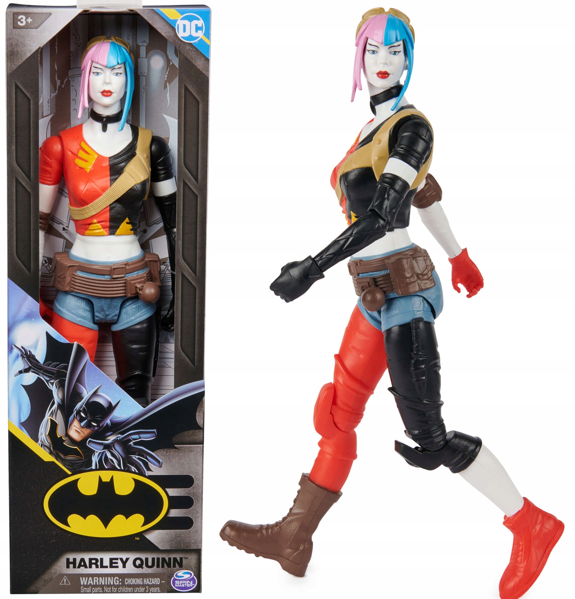 Harley Quinn action figure stands 30cm tall, featuring a black and red outfit, blue and pink hair, and various accessories, displayed in a Batman-themed box.