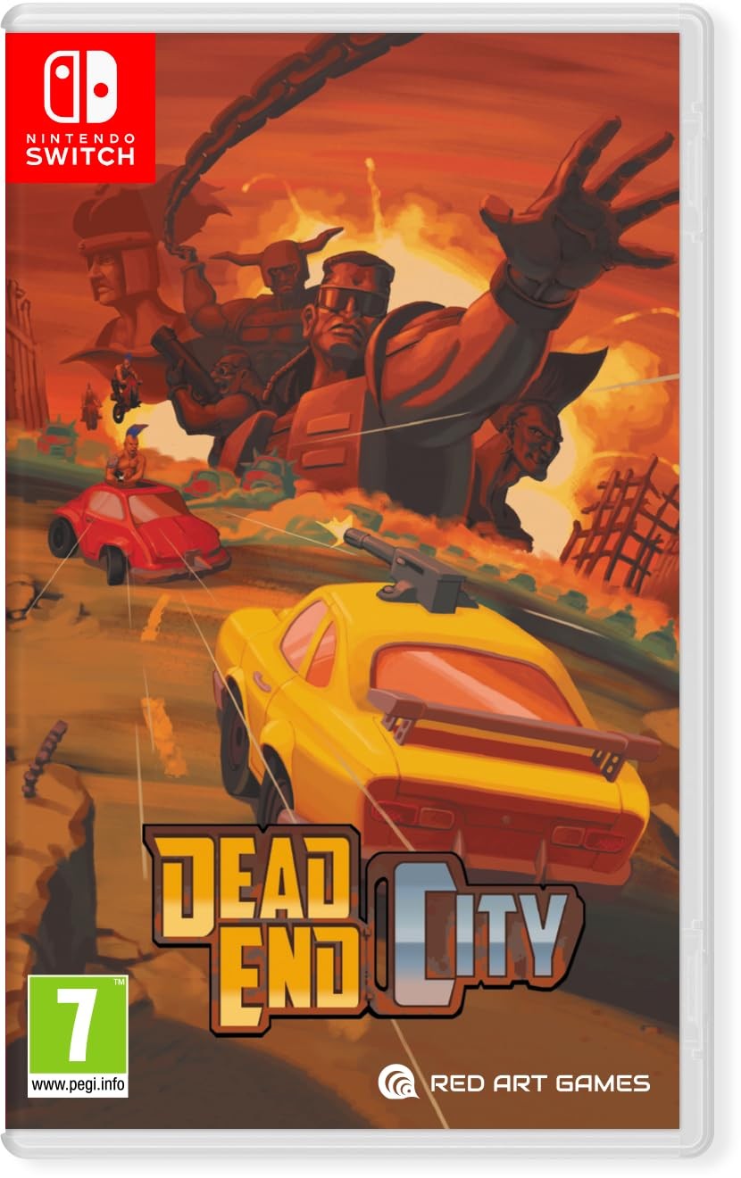 Colorful video game cover featuring a stylized cityscape with a yellow car racing against a backdrop of towering figures and ruins, titled "Dead End City" by Red Art Games.
