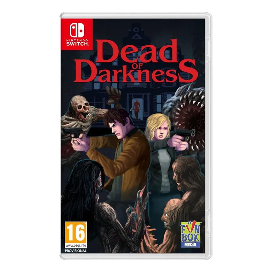 Nintendo Switch game case for "Dead of Darkness" featuring a male and female character holding guns, surrounded by dark, monstrous figures, with a red and black color scheme.