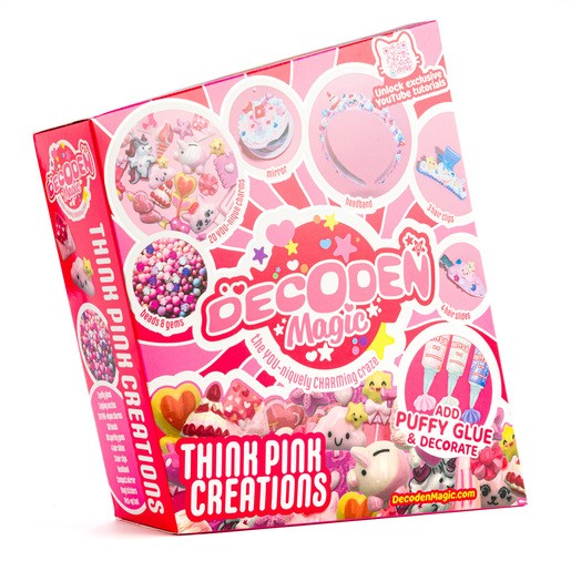 Bright pink box featuring the "Decoden Classic Magic Deluxe Think Pink Creations Craft Set," showcasing colorful beads, puffy glue, and decorative elements for crafting.
