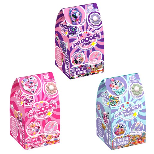 Three colorful boxes of Decoden Magic Bag Charms Craft Set, featuring vibrant designs with cute characters, beads, and accessories, in pink, purple, and blue styles.