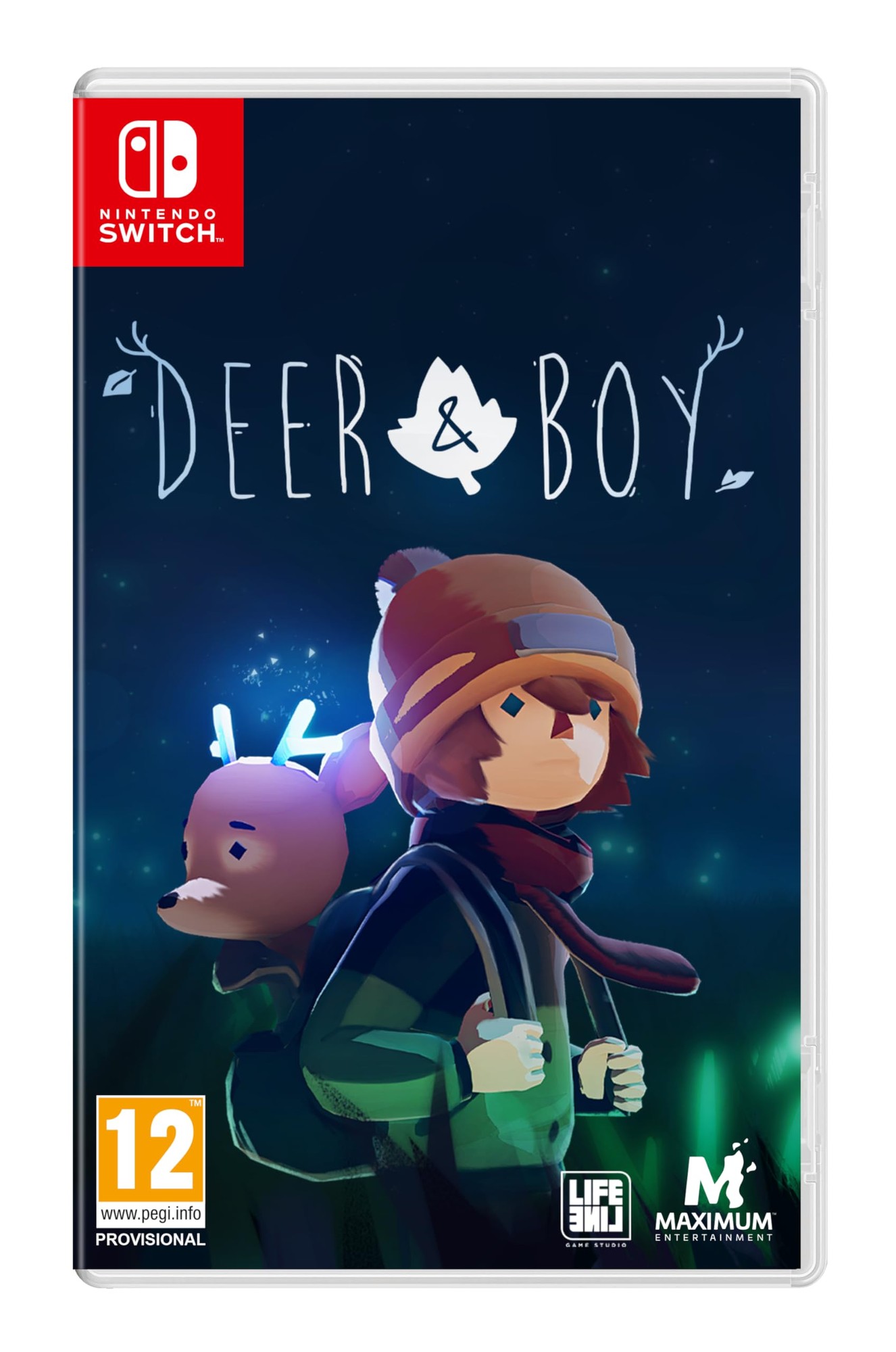 "Video game case for 'Deer & Boy' on Nintendo Switch featuring a boy in a hat with a deer, set against a dark, starry background, with a colorful, stylized art style."