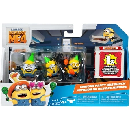 Four colorful Minion figures from "Despicable Me 4," featuring playful expressions and accessories, packaged with a red block labeled "1x" and safety warnings.