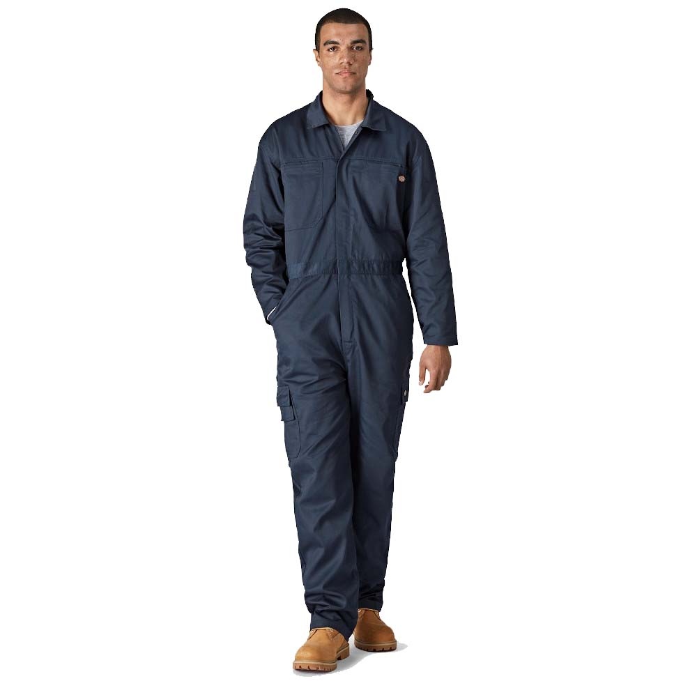 Navy blue Dickies boiler suit for men, featuring a zip front, long sleeves, multiple pockets, and a relaxed fit, worn by a model in a medium size.
