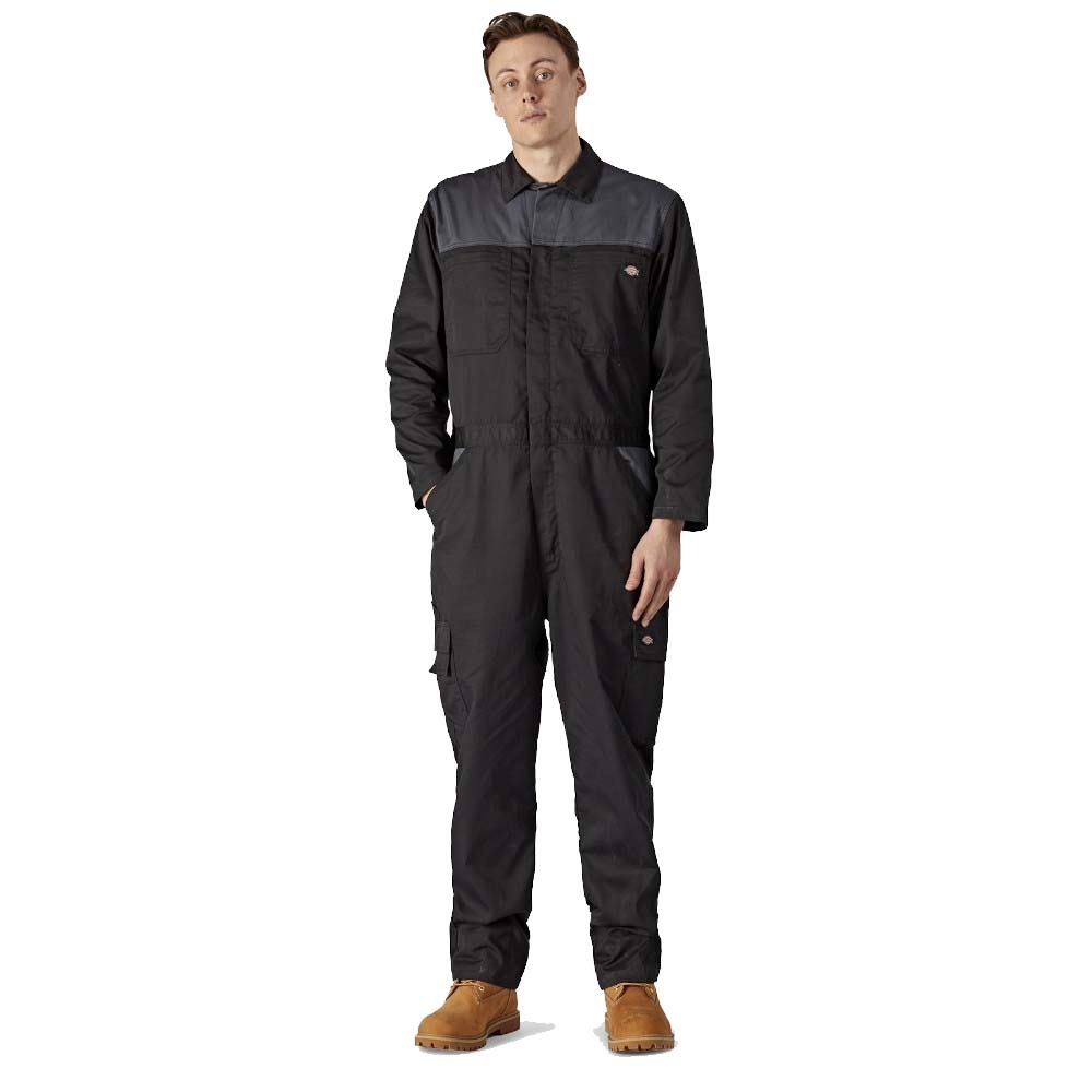 Black Dickies Men 'Everyday' Boiler Suit in size 2X-large, featuring a grey panel at the top, zip front, and multiple pockets for functionality.