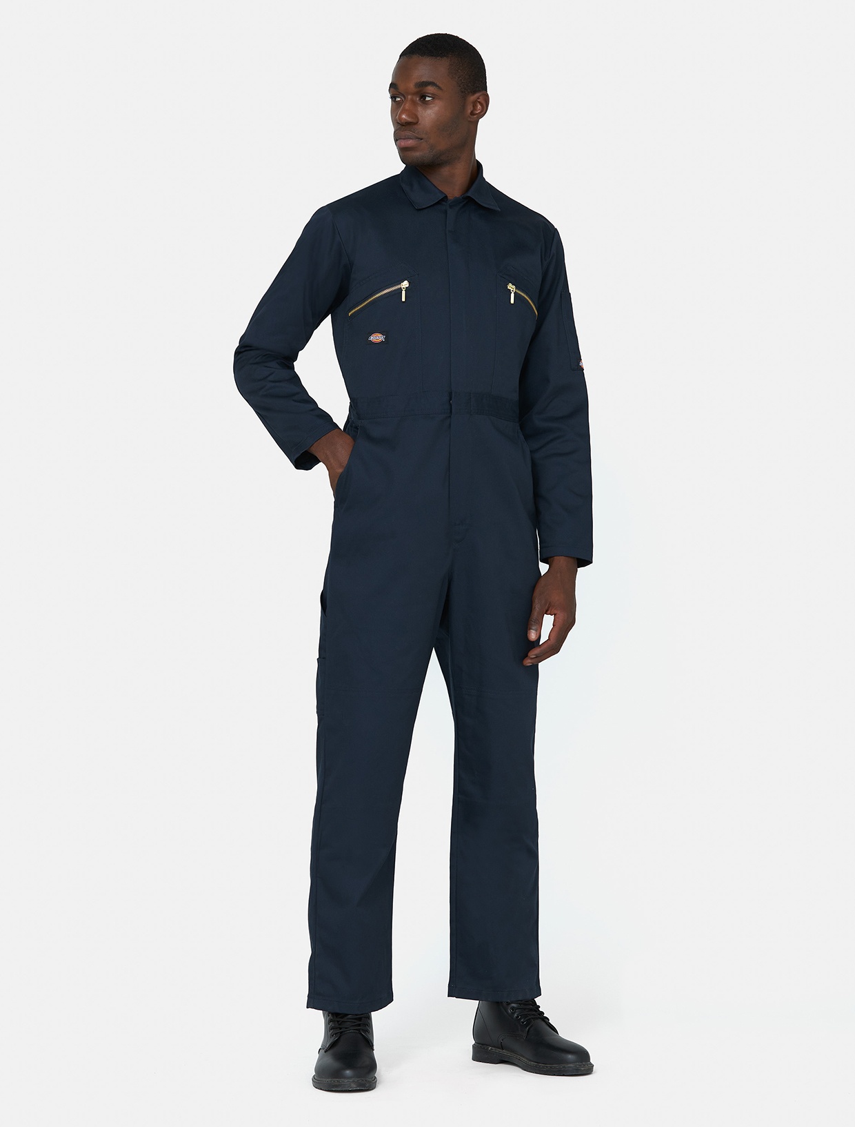 Navy blue Dickies 'Redhawk' boiler suit in 3X-Large, featuring a zip front, two chest pockets with zippers, and a fitted design, made from durable fabric.