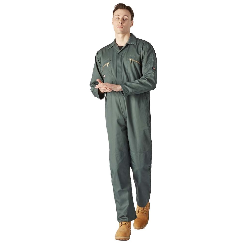Men's Dickies Redhawk coverall in a Rain Forest green color, made from durable fabric, featuring two chest pockets and a relaxed fit, paired with tan work boots.