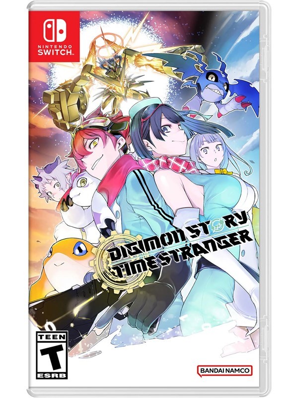 Colorful game cover featuring characters from Digimon, with vibrant artwork showcasing various Digimon and humans, set against a dynamic background, with the title "Digimon Story Time Stranger" prominently displayed.