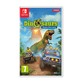 Colorful game cover featuring a T-Rex and off-road vehicles in a jungle setting, with vibrant greens and blues, labeled "Dinosaurs: Mission Dino Camp" for Nintendo Switch.