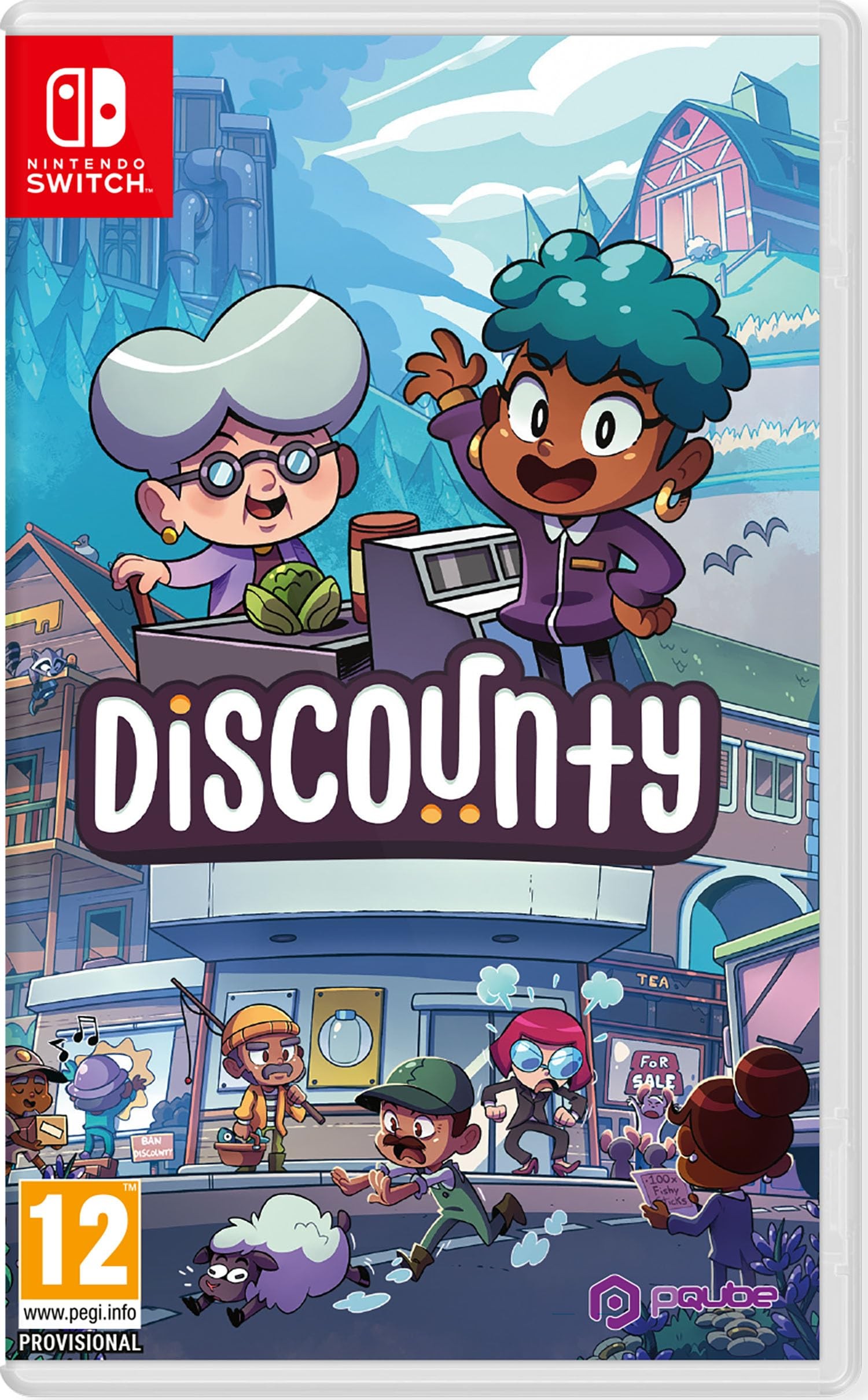 Colorful game cover featuring two cartoon characters: a woman with gray hair and glasses, and a boy with teal hair, set against a vibrant shopping scene with various characters.