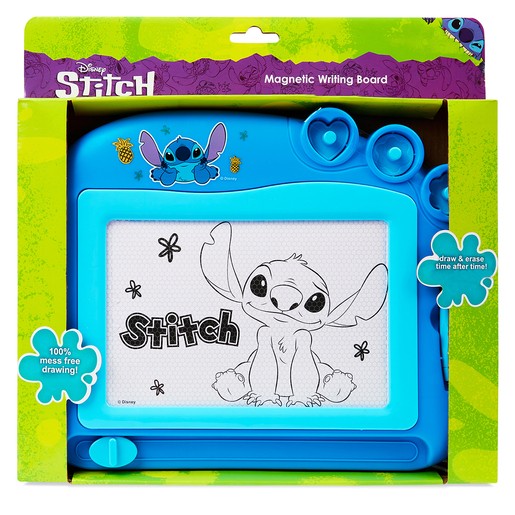 Bright blue magnetic writing board featuring a cartoon Stitch with large ears, surrounded by stars, and includes three drawing tools for mess-free creativity.