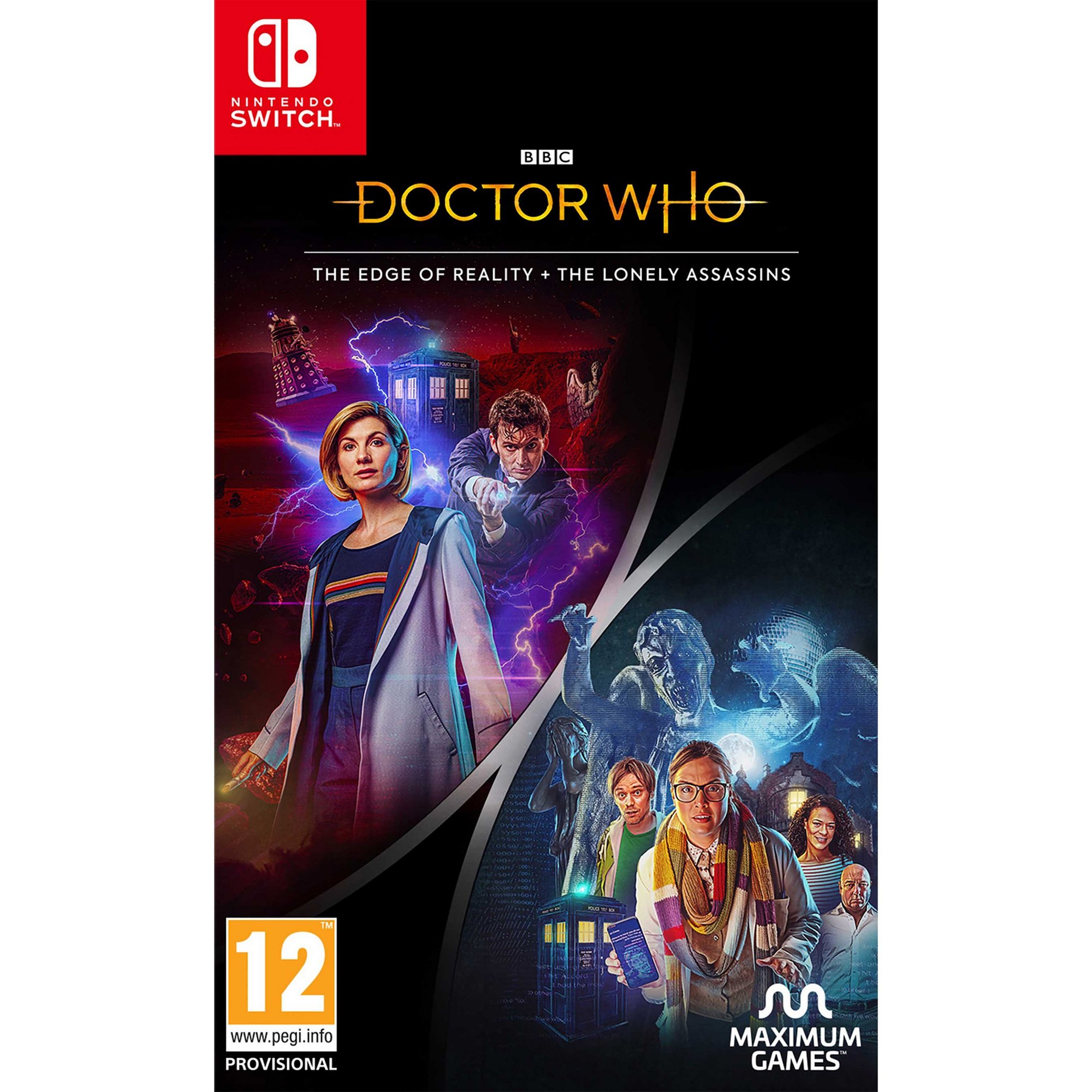 Doctor Who: Duo Bundle for Nintendo Switch features vibrant artwork with characters, the TARDIS, and a dark blue and purple color scheme, showcasing "The Edge of Reality" and "The Lonely Assassins."
