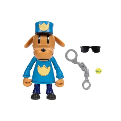 12cm Dog Man figure featuring a brown dog with a blue uniform, yellow crown emblem, black shoes, and accessories including sunglasses, a chain, and a tennis ball.