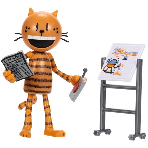 A 12cm orange and black striped figure of Petey the cat, holding a newspaper and a remote, stands next to an easel displaying a cartoon drawing.