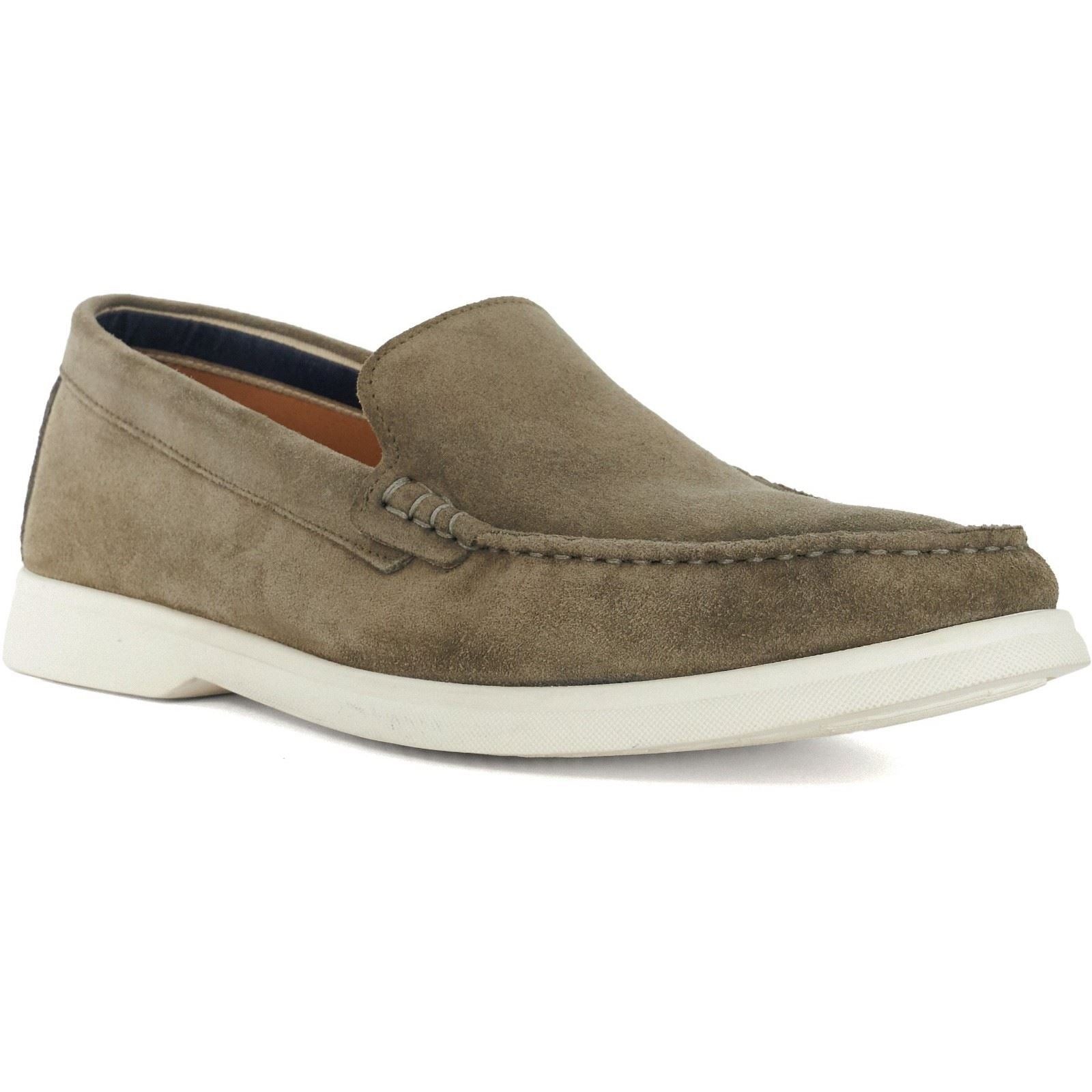 Khaki suede loafers by Dune with a slip-on design, featuring decorative stitching and a white rubber sole for a casual yet stylish look.