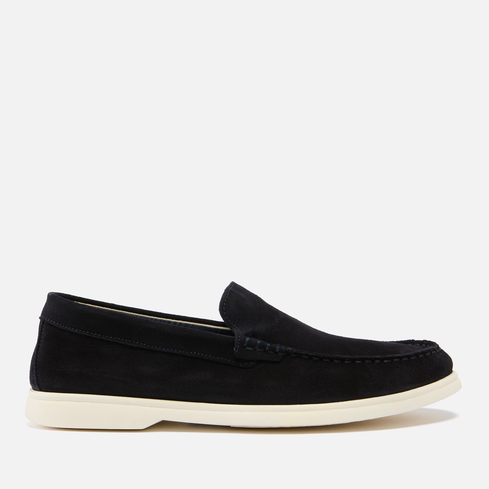 Navy suede loafers with a white rubber sole, featuring a stitched detail and a slip-on design, available in size 7 by Dune London.