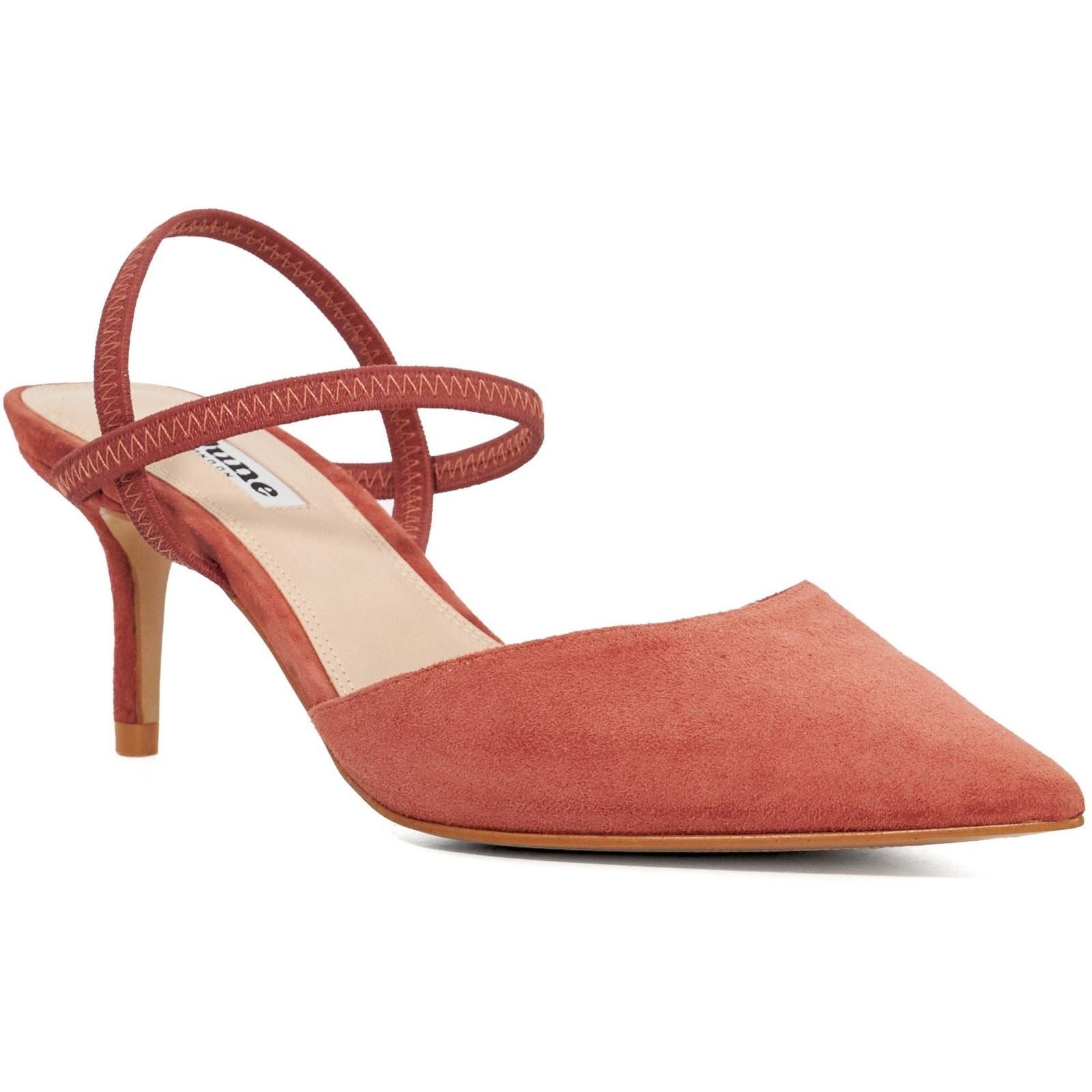 Coral suede women's heels with a pointed toe, slender ankle strap, and a 3-inch stiletto heel, featuring a stylish and elegant design by Dune.