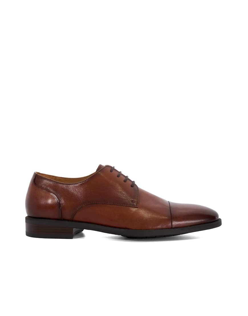 Brown leather derby shoes with a polished finish, featuring a rounded toe, lace-up design, and a low stacked heel, sized 7 by Dune London.