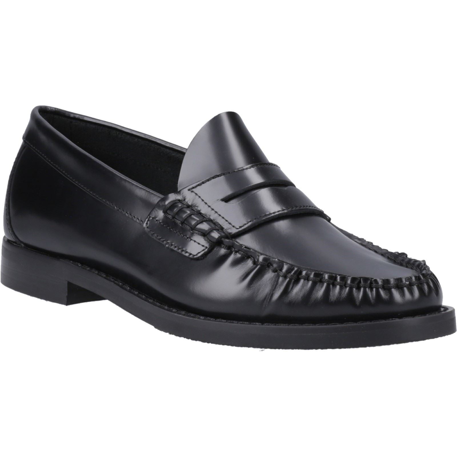 Black leather loafers with a woven detail on the upper, featuring a classic moccasin design and a low, sturdy heel.