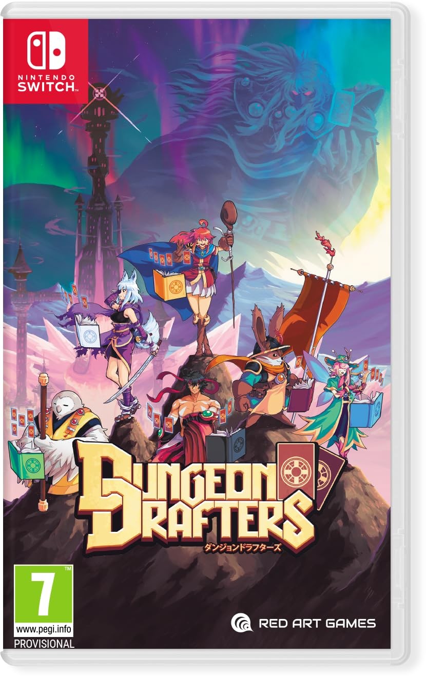 Nintendo Switch game "Dungeon Drafters" by Red Art Games features colorful artwork with characters holding cards, set against a mystical background, and includes a double-sided poster.