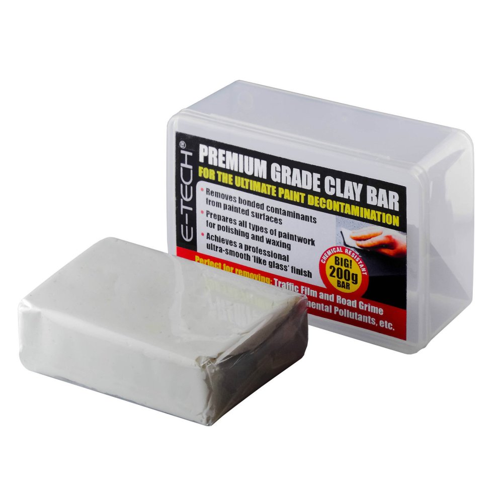 Premium Grade Clay Bar by E-Tech Engineering in white, 200g, packaged in a clear box, designed for removing contaminants from surfaces and preparing for polishing.