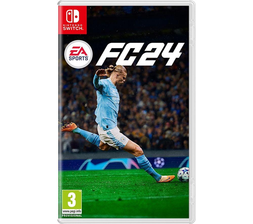 EA Sports FC 24 for Nintendo Switch features a player in a light blue kit kicking a soccer ball, with a vibrant stadium backdrop and bold white text displaying "FC 24".