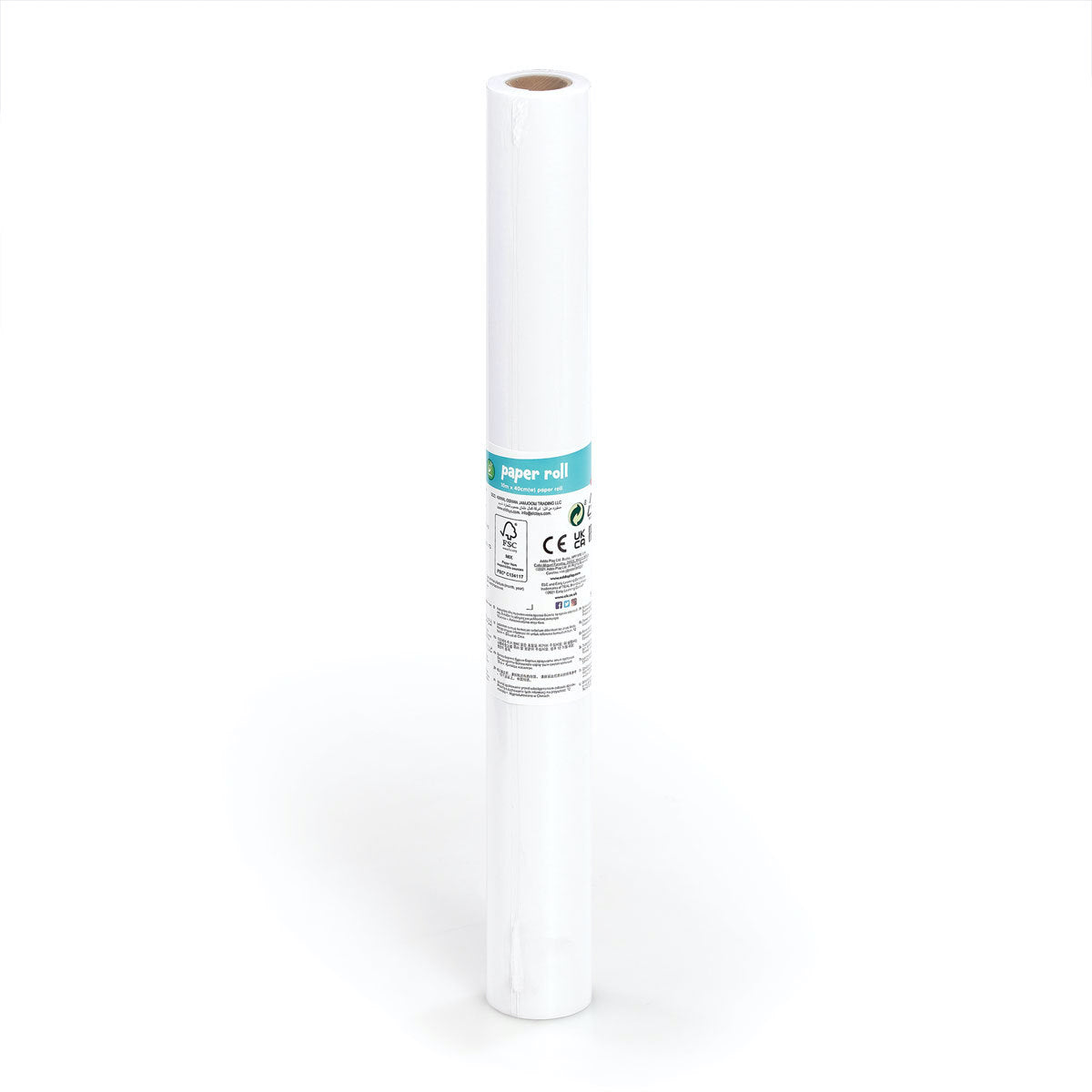 White paper roll measuring 10 meters, featuring a blue label with product information and safety certifications, designed for early learning activities.
