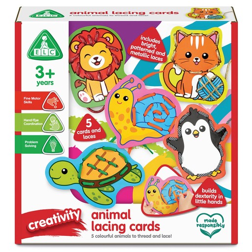 Colorful animal lacing cards set featuring a lion, cat, snail, turtle, and penguin, with bright laces for threading, designed to enhance fine motor skills for children aged 3+.