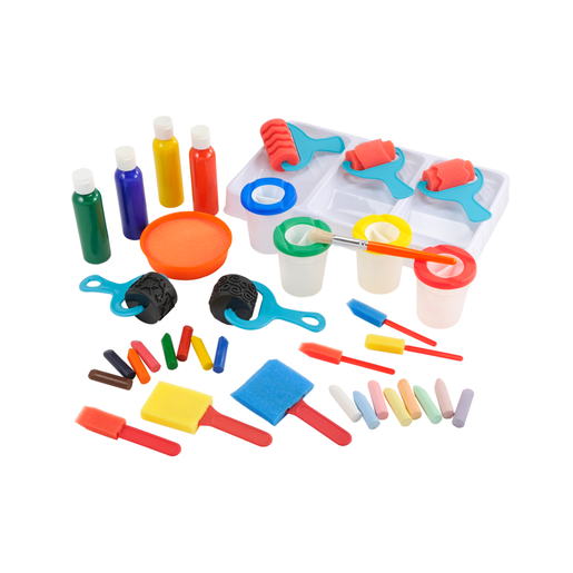 Brightly colored craft set featuring paint bottles in red, yellow, green, and blue, various sponges, rollers, and containers, all designed for creative play.