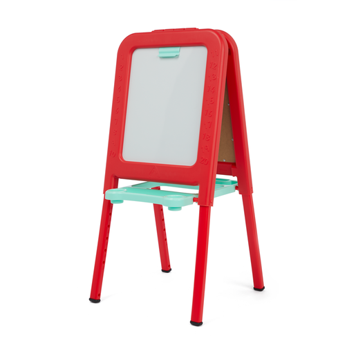 Red extendable double-sided easel with a whiteboard on one side and a chalkboard on the other, featuring a turquoise shelf and sturdy legs for stability.
