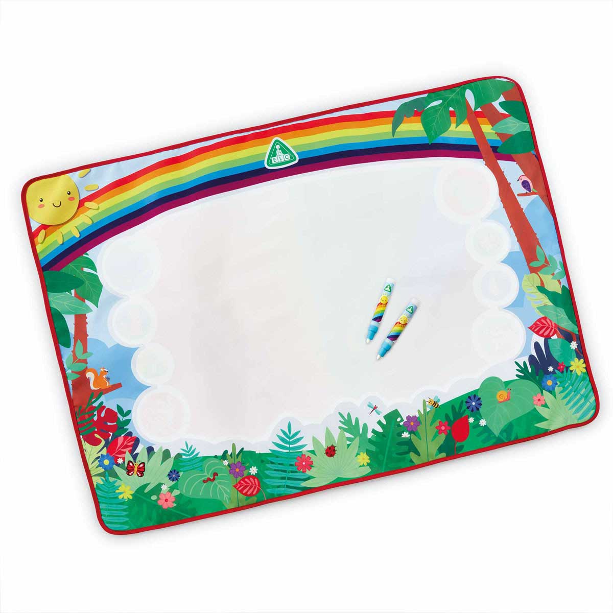 Brightly colored Giant Activity Aqua Mat features a rainbow, sun, and jungle-themed border with a smooth white center, designed for water-based activities, includes two colorful markers.