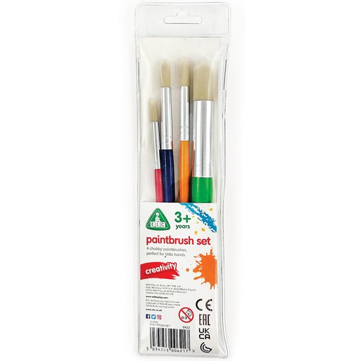 A clear plastic packaging containing a set of six chunky paintbrushes in various colors, featuring wooden handles and soft bristles, suitable for young children.