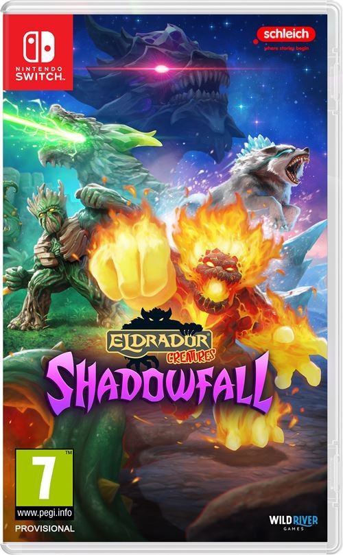 Eldrador Creatures: Shadowfall for Switch features vibrant artwork with mythical creatures, fiery elements, and a dark, mystical background, highlighting action and adventure themes.