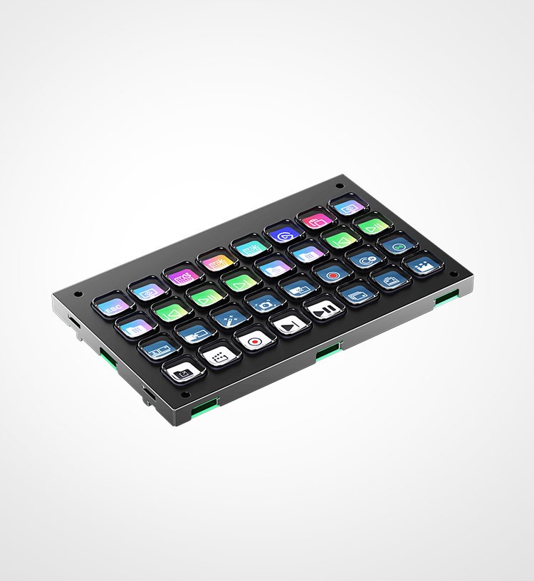 Elgato Stream Deck Module 15 features a sleek black design with 15 customizable membrane keys, each displaying colorful icons for easy access to various functions.