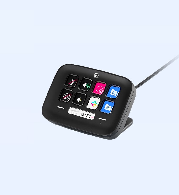 Customizable black USB task controller featuring eight tactile keys with vibrant icons, a digital display, and a sleek, angled design for easy access.