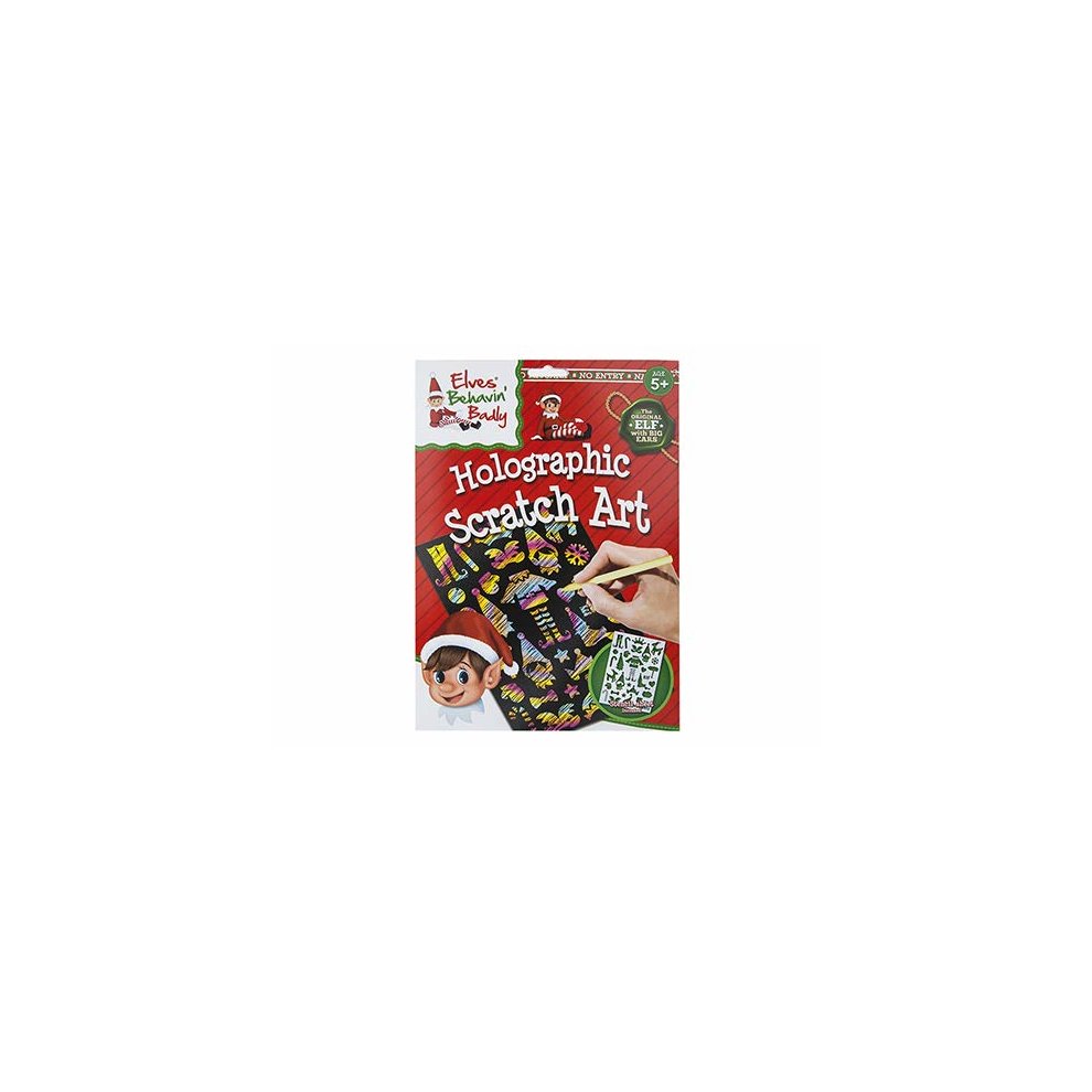 Holographic scratch art kit featuring colorful designs and an elf character, packaged in a festive red and green design, perfect for Christmas arts and crafts.