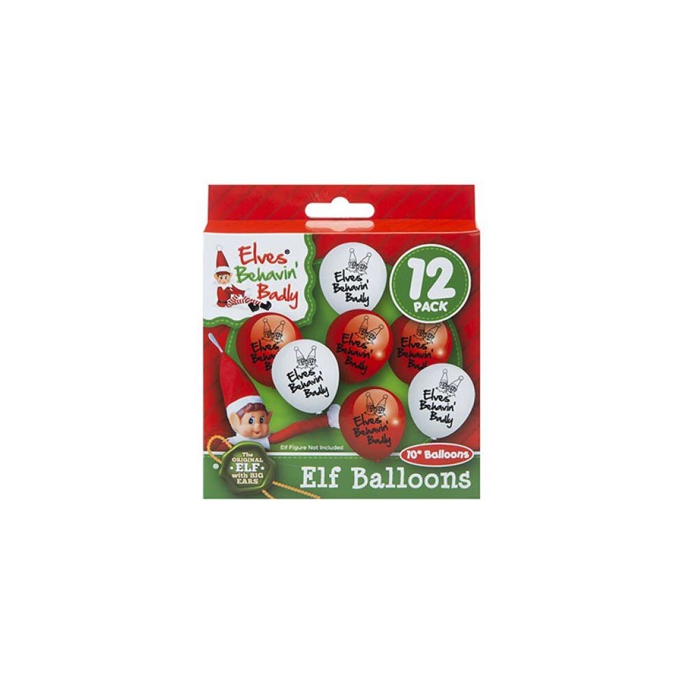 Red and white latex balloons featuring playful elf designs, packaged in a colorful box, with a total of 12 balloons measuring 25cm each.
