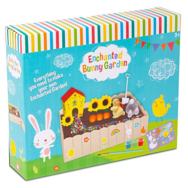 Colorful box featuring a whimsical garden scene with a yellow house, flowers, bunnies, and gardening tools, designed for kids aged 3 and up to create their own enchanted garden.