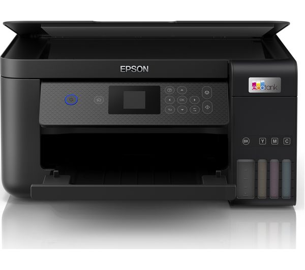 Black Epson EcoTank ET-2850 inkjet printer features a control panel with buttons, an LCD screen, and refillable ink tanks in cyan, magenta, yellow, and black on the right side.
