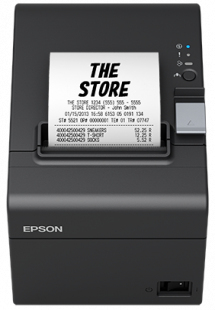 Black Epson TM-T20III direct thermal POS printer with a paper roll, featuring a control panel with buttons and indicator lights, capable of printing at 250 mm/sec and 203 DPI.