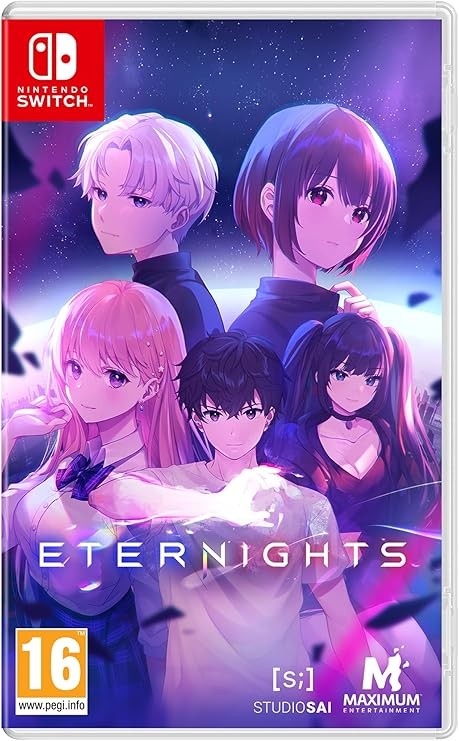 Colorful video game cover featuring five characters with distinct hairstyles and expressions, set against a cosmic background, with "ETERNIGHTS" prominently displayed at the bottom.