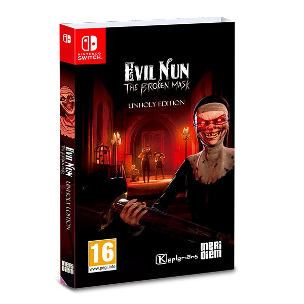 Evil Nun: The Broken Mask - Unholy Edition for Switch features a dark, eerie cover with a sinister nun holding a weapon, set in a haunted environment with dim lighting.