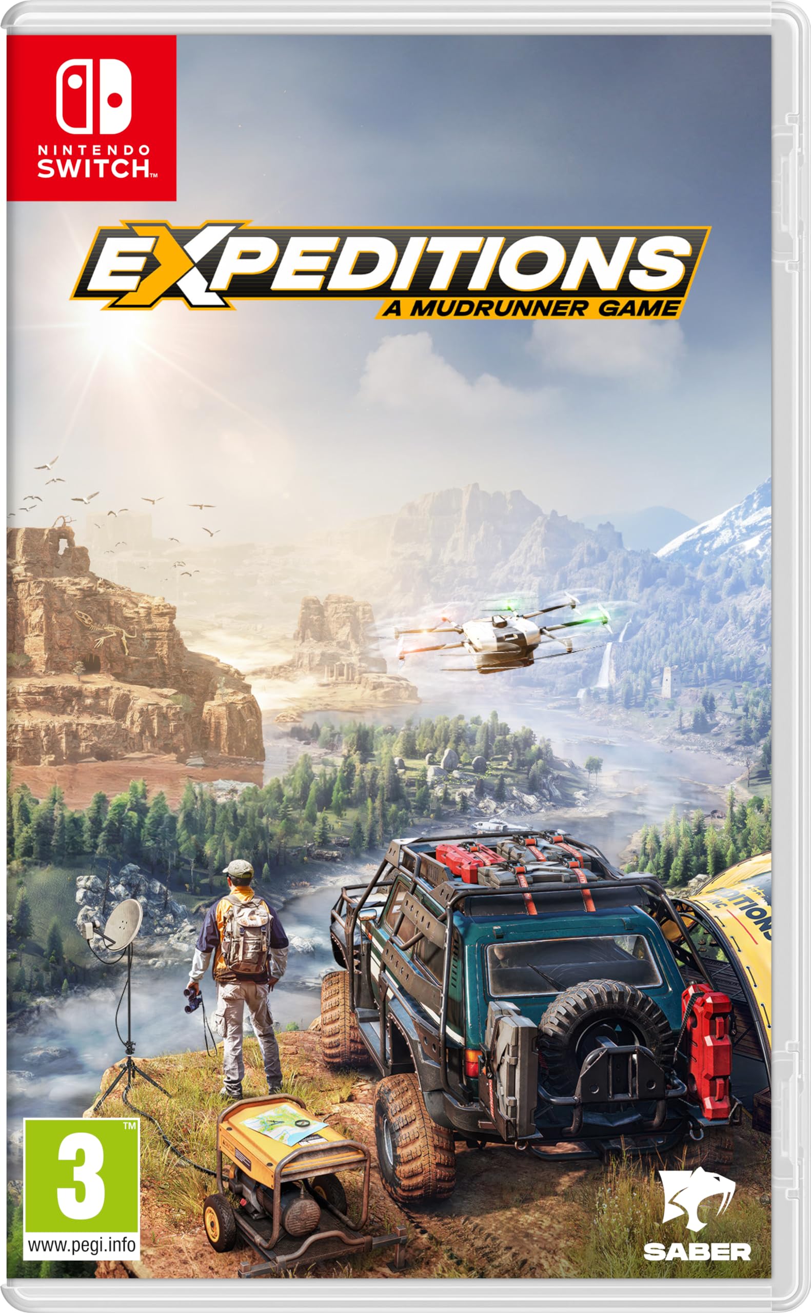 Cover art features a rugged landscape with mountains and a river, a detailed off-road vehicle, and a character in a tactical outfit, all under a vibrant blue sky.