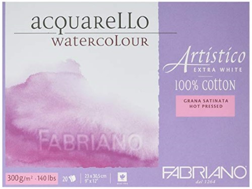 Fabriano Artistico Extra White Art Paper pack features 20 sheets of 100% cotton, hot-pressed, with a smooth texture, in a light purple and white packaging design.