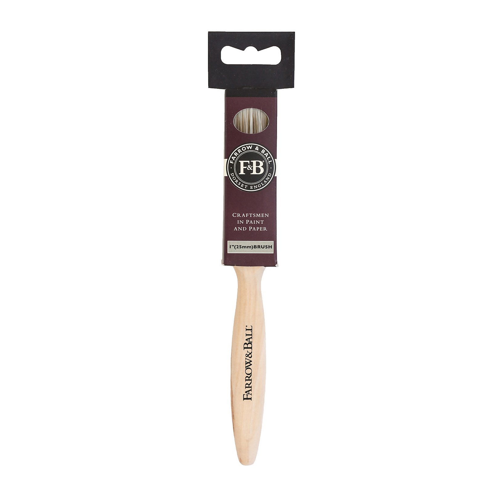 Premium 1" (25mm) Farrow & Ball paint brush with a wooden handle, featuring a silver ferrule and a branded packaging in deep burgundy, designed for an excellent finish.