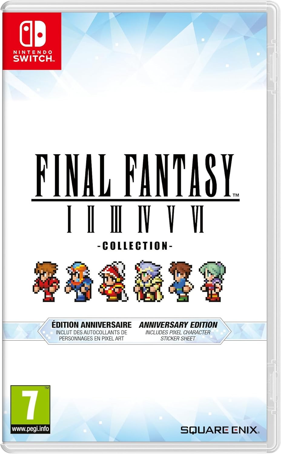 Final Fantasy I-VI Collection Anniversary Edition for Switch features colorful pixel art characters on the cover, with a white background and bold black text.