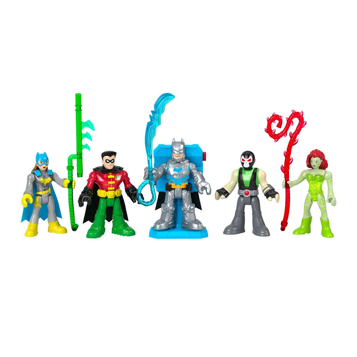 Five colorful action figures from the Imaginext DC Super Friends series, featuring Batman, Robin, Batgirl, Poison Ivy, and a villain, with various accessories and poses.